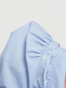 SHEIN MOD 大码女式复古泡泡袖蕾丝领衬衫，春夏母亲节 7 月 4 日娃娃装上衣 - 藍色 - 查看 5