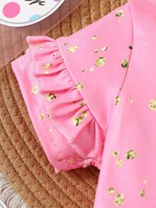 2pcs/Set Girls Cute Egg & Floral Print Short Sleeve Top With Ruffle Hem And Bow Decorated Skirt Suit,Easter Outfit, Summer