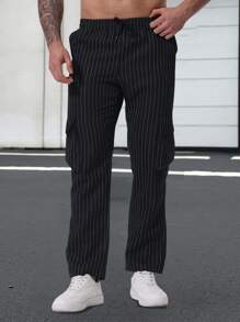 Manfinity Homme Pantalones casuales para hombres con bolsillos con parches a rayas y pierna recta, pantalones de diseñador para hombres - Negro - Ver 4
