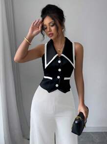 Elenzga Elegant Colorblock Sleeveless Blouse, Summer - Black - View 5