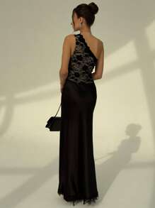 Aloruh Lace & Mesh Patchwork Satin Asymmetrical Neck Elegant Dress - Black - View 2