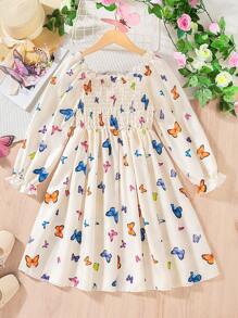 ¡Recién lanzado! Vestido de largo medio para niñas preadolescentes. Tiene una estampa digital de mariposa, una silueta ceñida, mangas largas y un cuello cuadrado. Cómodo, elegante, dulce y lindo, es imprescindible para el uso diario y las salidas.