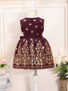 Ramadan Holiday Baby Girls' Luxury Golden Print V-Neck Dress - Purple - View 2