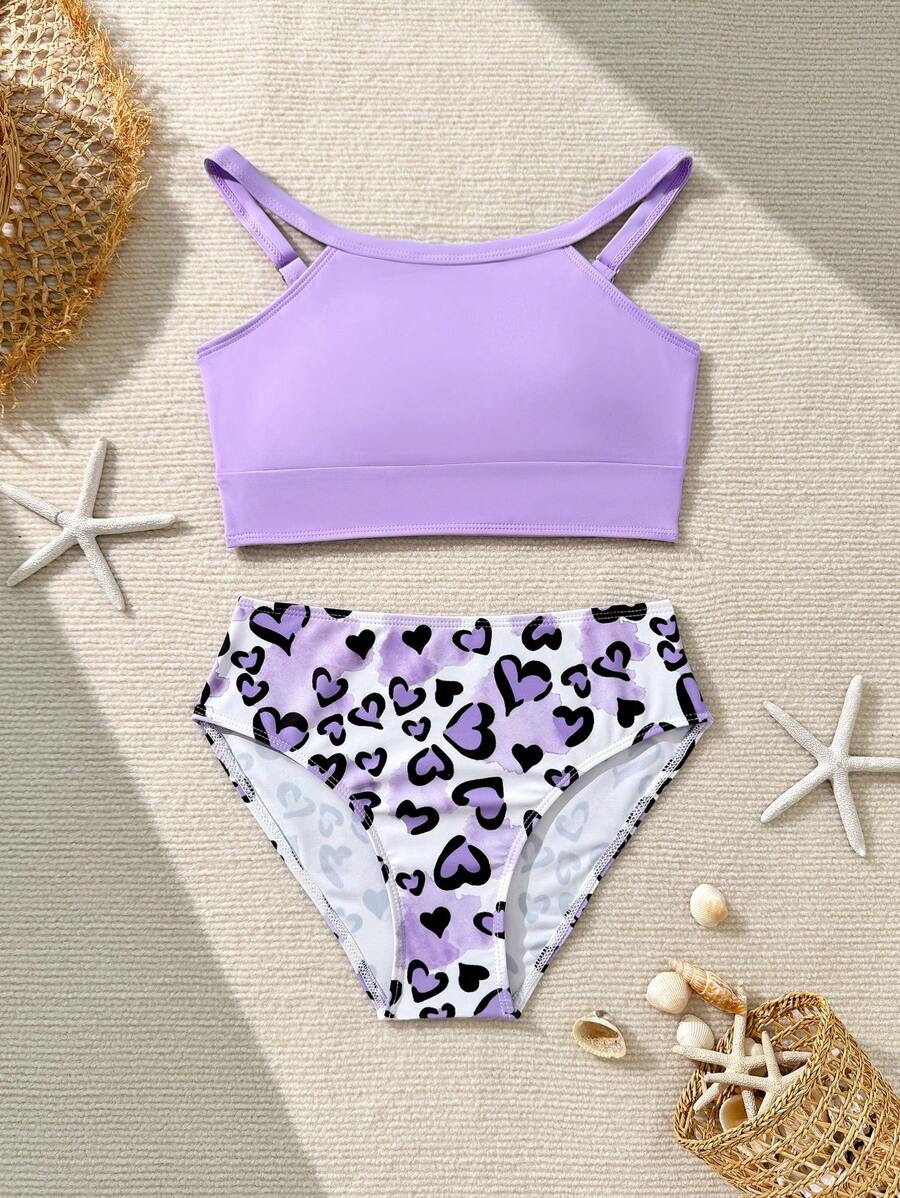 SHEIN 青少年女孩时尚休闲心形和豹纹印花比基尼泳装套装