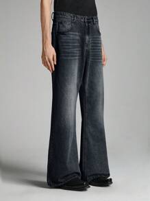 NEON BLANC Men's Retro Street Washed Distressed Flared Leg Long Jeans - Black - View 2