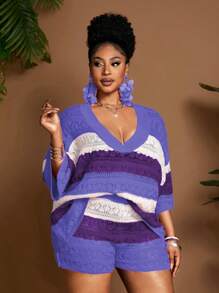 Maweii 大码女式V领镂空海滩度假优雅两件套 - 紫色 - 查看 3