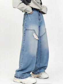 Jungen Applikation Patchwork Mode Denim Gerade Bein Weite Hose - Mittele Waschung - Übersicht 1