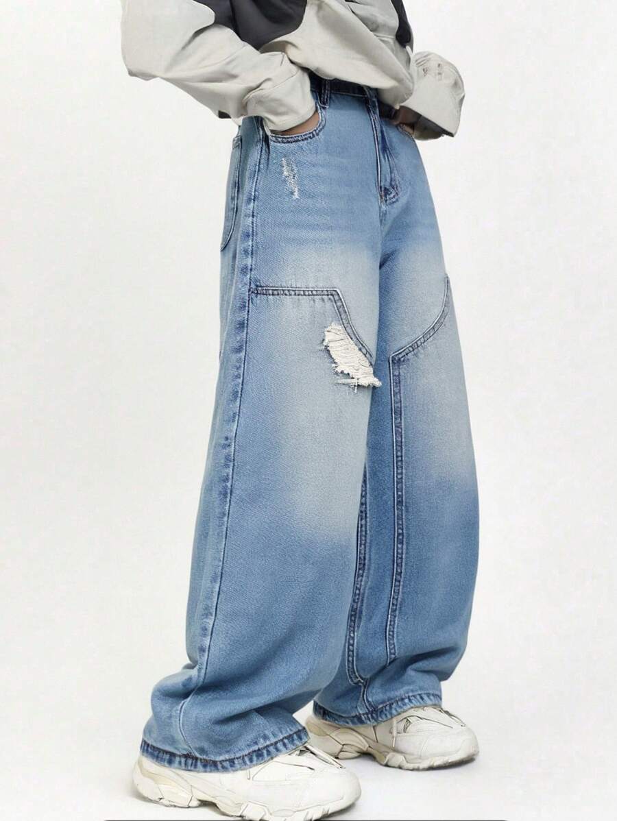 Jungen Applikation Patchwork Mode Denim Gerade Bein Weite Hose - Mittele Waschung - Übersicht 1