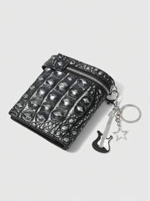 ROMWE Grunge Punk 1pc Vintage Punk Rock Heavy Metal Silver 3D Crocodile Embossed Five-Pointed Star Accent Zip Wallet, With Y2K Music Festival Metal Guitar Star Keychain Pendant - Silver - View 4