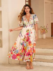 Roveilla Plus Size Women's Elegant Floral Print Maxi Beach Dress With Spaghetti Strap Neckline