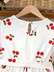 SHEIN Genkimix Kids 甜美可爱的女孩夏装，樱桃印花，荷叶边袖子，休闲风格，可机洗 - 非常适合派对和海滩活动