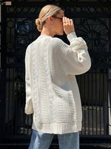EURMUSE Cable Knit Drop Shoulder Button Front Cardigan - White - View 2
