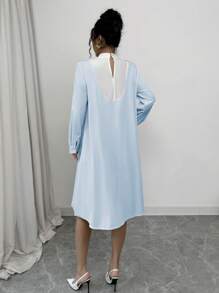 Elenzga Women Solid Color Lace-Up Sleeve Elegant Dress - Mint Blue - View 2