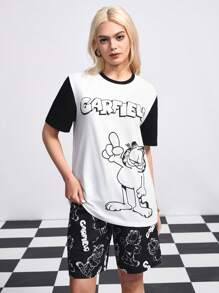 GARFIELD | SHEIN Bộ 2 chiếc/Bộ Áo thun tay ngắn in hình mèo hoạt hình màu đơn giản Unisex và quần short đen, Xuân/Hè - Đen và trắng - Xem 6