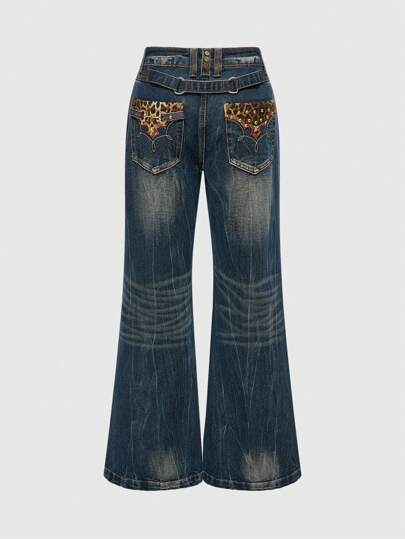 Grunge Punk Vintage Women's High-Waisted Straight Leg Jeans With Cat Whiskers And Leopard Print Patchwork Pockets