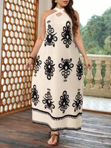SHEIN LUNE Robe longue casual d'été bohème pour femme grande taille, col ras-du-cou, imprimé, avec poches latérales, pour vacances - Multicolore - Voir 4