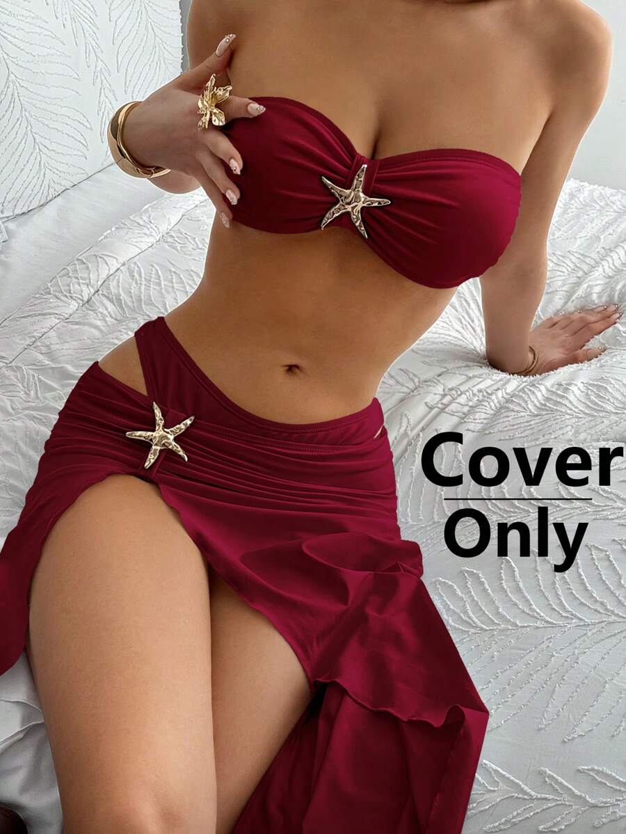SHEIN ICON 1 件女士度假海星装饰侧开衩下摆罩衫裙 - 紅色 - 查看 1