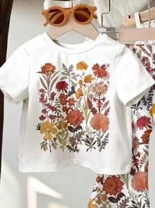 SHEIN Vintage Pressed Flower Sets, Boho Wildflowers, Plant Sets, Vintage Botanical Sets, Pastel Floral Nature Sets, Garden Lover Gift, Baby Girls' Casual Minimalist Short Sleeve Round Neck Top And Pants Set, Suitable For Spring/Summer