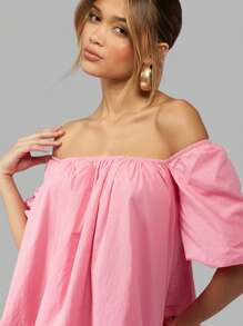 MISSGUIDED Off Shoulder Puff Sleeve Summer Mini Dress Flutter A-Line Party Wedding Guest Spring Bardot Dress Special Occasion Short Length - Pink - View 5