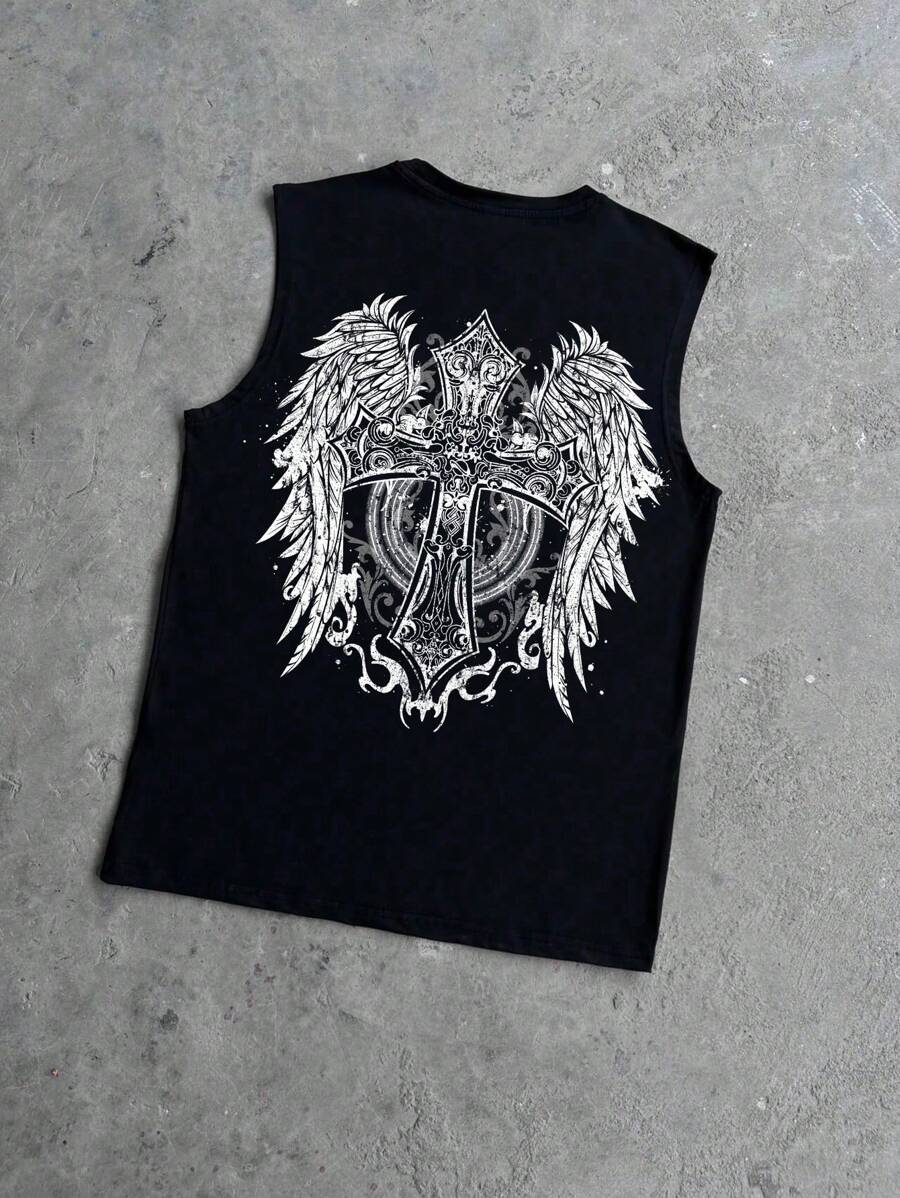 Manfinity ZONE917 Men's Street-Style Wing & Cross Print White Tank Top, For Concert - Black - View 1