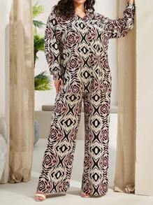 RueChic Plus Size Women's Spring & Summer Allover Print Long Sleeve Blouse And Pants 2-Piece Casual Outfit - Green - View 5