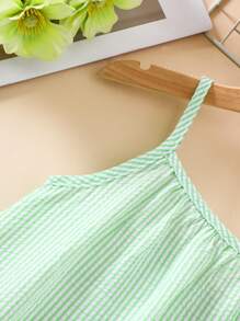 SHEIN Young Girl Striped Casual Loose Strap Dress - Green - View 3