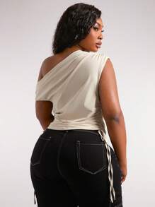 SHEIN SXY Plus Size Women's Spring/Summer Stylish Casual Sexy Open Shoulder Ruched Waist Cropped T-Shirt, Suitable For Everyday Wear, Western Wear, Cruise Attire, Music Festival, Concert, Carnival Party, Beach Vacation, Date Night, Birthday, Bachelorette Party, Club, Cute, Casual, Shopping, Streetwear, Going Out, Easy To Match & Looks Slim, Accentuates Your Body, Flatters The Figure Cleopatra