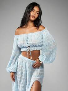 MISSGUIDED Off Shoulder Ruched Crop Top Balloon Sleeve Summer Spring Beach Boho Festival Peasant Blouse Shirred Elastic Ruffle Party Evening