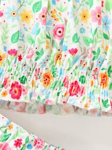 SHEIN Conjunto de 2 piezas de blusa de manga corta con estampado floral y falda para niña