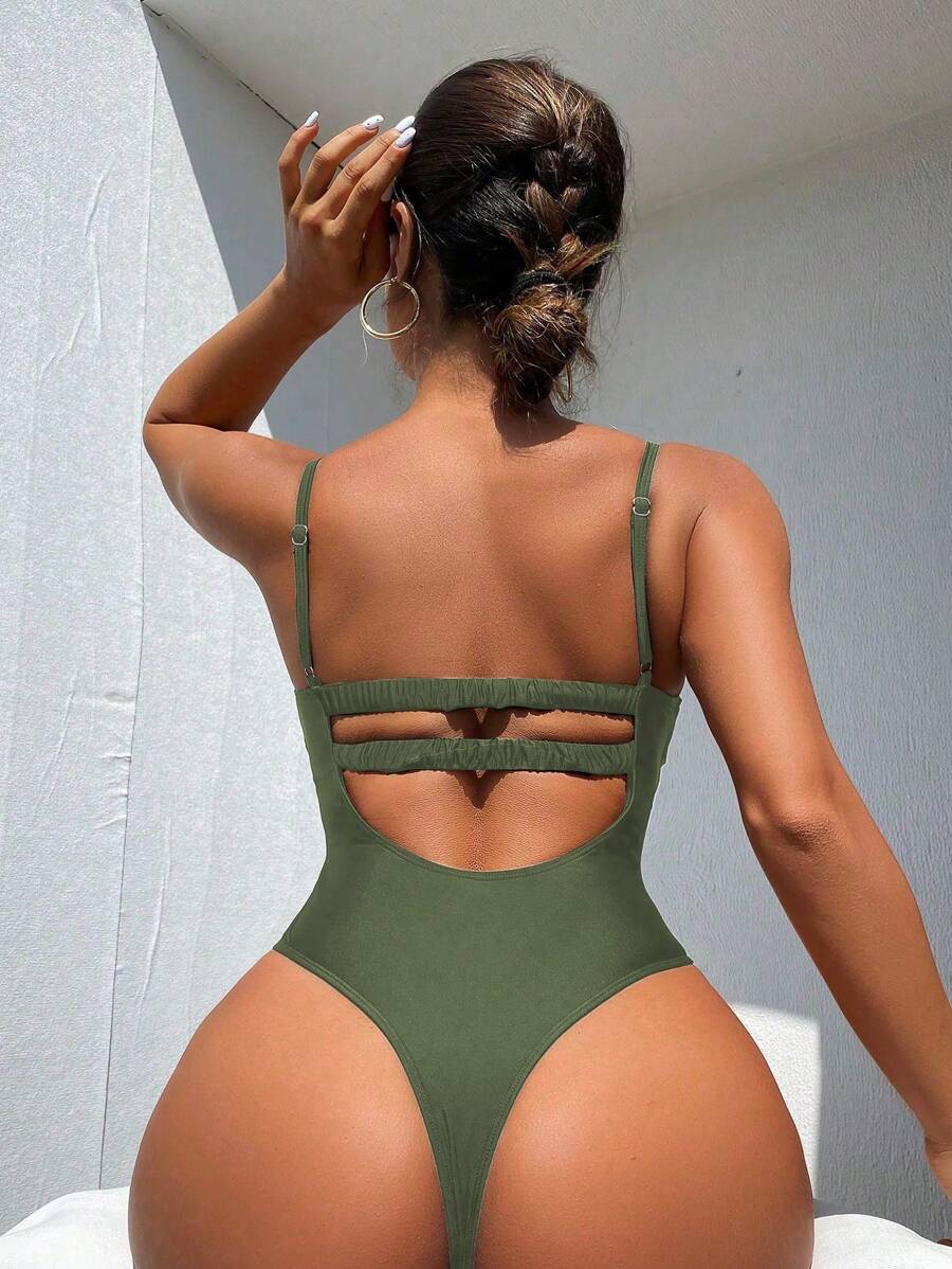 Swim SXY 1pc Women's Solid Color Backless Spaghetti Strap One-Piece Swimsuit For Vacation For Summer - Army Green - View 1