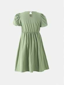 Girls Casual Fashion Round Neck Puff Sleeve High Waist Mid-Length Solid Color 3D Bow Decor Girl Dress - Green - View 2