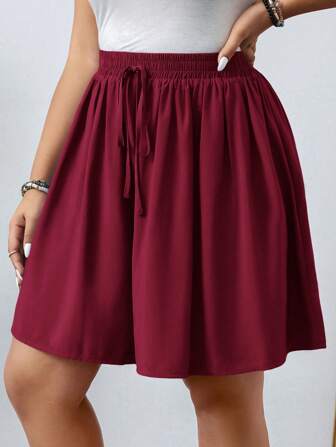 SHEIN LUNE Plus Size Women's Solid Color Tie-Waist Loose Wide Leg Casual Shorts
