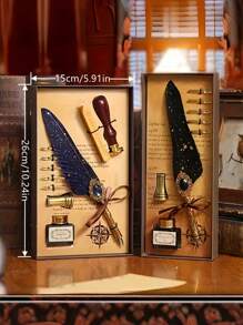 1 Set Jubaboz Calligraphy Brush Pen With Stamp And Sealing Wax, Feather Pen, Ink, Vintage Writing Ink Dip Pen With Mechanical Gear Back To School