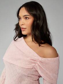 MISSGUIDED PLUS Plus Size Off-Shoulder Textured Knit Bardot Maxi Dress Elegant Long Sleeve Winter Formal Wedding Guest Party Occasion Fall Holiday Special Events - Baby Pink - View 5