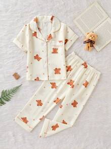 2pcs Young Girls Cute Bear Print Short Sleeve Top & Pants Loungewear Set, Casual & Comfy, Loose Fit