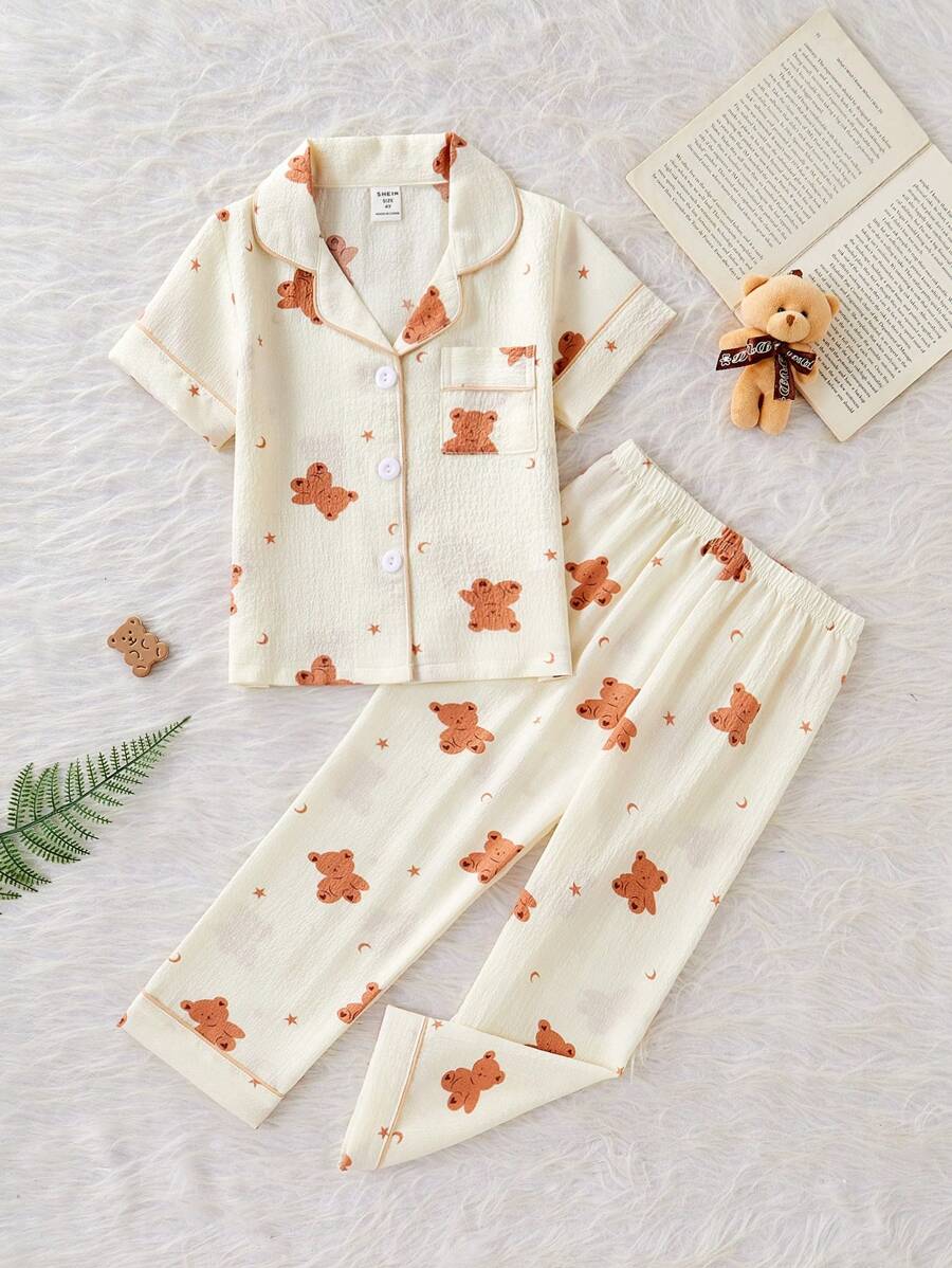 2pcs Young Girls Cute Bear Print Short Sleeve Top & Pants Loungewear Set, Casual & Comfy, Loose Fit
