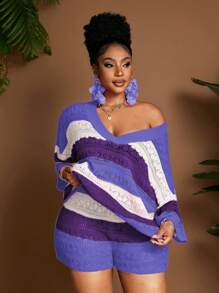 Maweii 大码女式V领镂空海滩度假优雅两件套 - 紫色 - 查看 4