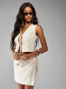 MISSGUIDED Set estivo in due pezzi in lino con perline, top corto smanicato con lacci e dettagli di bottoni, gonna midi, abbigliamento da spiaggia, resort, festival