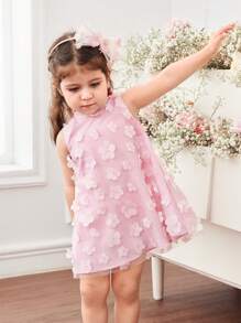 Babygirl 优雅花卉网眼无袖连衣裙，夏季装 - 粉色 - 查看 7