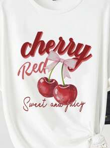 SHEIN EZwear Luźna damska koszulka typu T-shirt w stylu casual, minimalistyczna kokarda i nadruk wiśniowy, okrągły dekolt, krótki rękaw, luźna koszulka