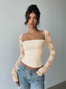 Aloruh 女士方领长袖短款修身蕾丝 T 恤 - 杏色 - 查看 8