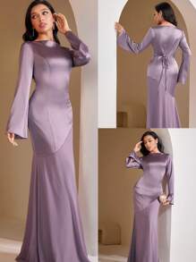 Veilorie Abito elegante da donna a sirena con maniche a sbuffo, di colore unito, ispirazione araba