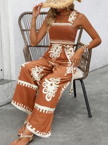 Breezaya 女士花卉印花宽松连体裤，带吊带，休闲度假装 - 亮橙色 - 查看 4