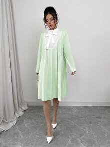 Elenzga 1pc Women Solid Color Patchwork Tie-Up Long Sleeve Elegant Dress Fall Cloth For Women