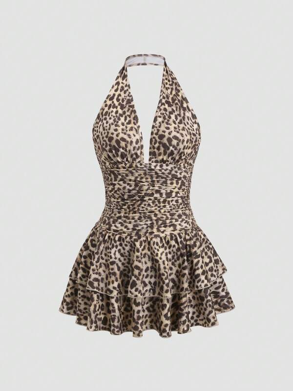 Sweetra Abito corto con scollo a V profondo, senza schienale, arricciato e con orlo arricciato, stampa leopardata, semplice e casual, elegante per resort, cocktail dress da donna, primavera/estate