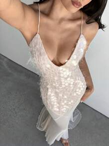 Aloruh 女士优雅性感深 V 领亮片刺绣拼接后背镂空修身超长鸡尾酒会连衣裙，粉色 - 淺粉色 - 查看 5