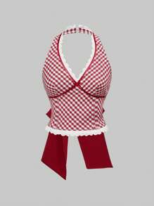 ROMWE Kawaii 可爱格纹拼布花卉蕾丝和蝴蝶结后背细节修身挂脖背心