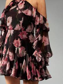 MISSGUIDED Floral Ruffle Mini Dress Off Shoulder Long Sleeve Party Special Occasion Spring Summer Wedding Guest Statement Sleeve Chiffon - Multicolor - View 4