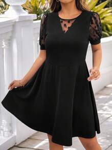 SHEIN Clasi Plus Size Solid Color Polka Dot V-Neck Sheer Puff Sleeve High Waist Dress,Vacation Outfits Woman,Summer Outfits For Women,Business Casual Woman,Going Out Tops Women ,Office Wear Women,Spring Outfits For Women,Festival ,Old Money, Elegant Woman Clothing,Modesty Clothes Women ,Suitable For Everyday Elegant Wear