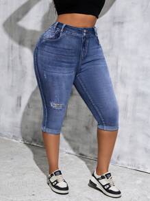 Slaydiva Jeans cortos azules con roturas y elásticos de talla grande, pantalones vaqueros casuales de ciclismo elásticos de talla grande para todo el año, jeans elásticos de talla grande con roturas y sexy de tela vaquera - Azul - Ver 1